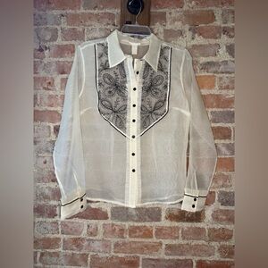 Whitewash “New” Sheer White Blouse with Black Embroidery 100% Silk